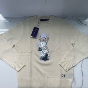 Ralph Lauren Cream Sweater with Sequined Cowboy Bear